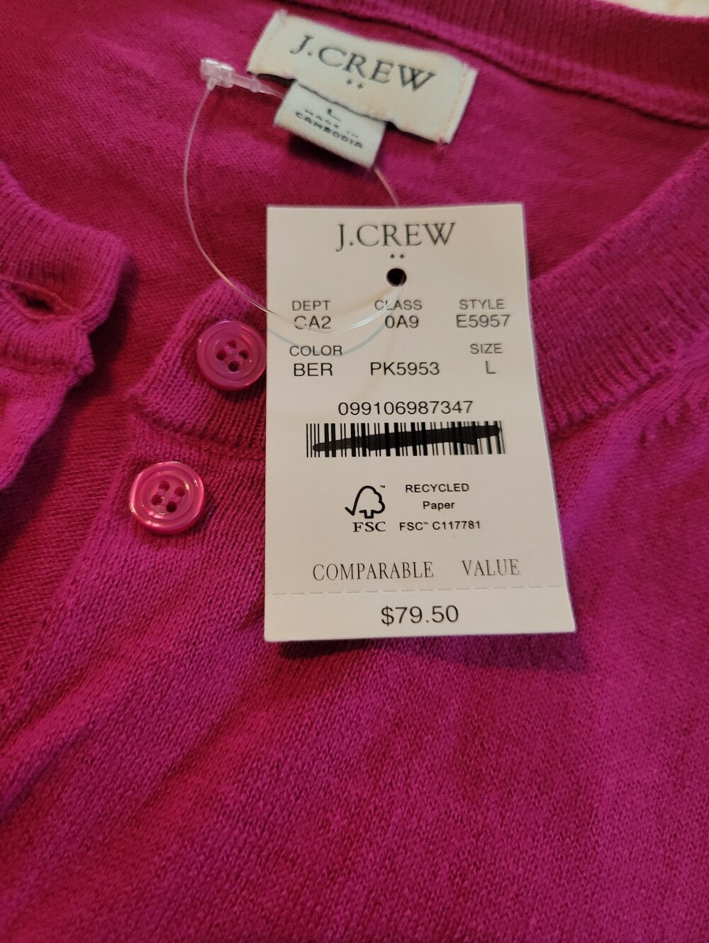 J.Crew Classic 100% Cotton Cardigan Sweater in vibrant berry/plum pink Size L - Picture 4 of 11